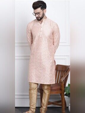 Sonjanya Ethnic Men's Embroidered Silk Cotton Light Pink Kurta Size L